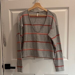 Free People Gray and Red Striped Long Sleeve Top